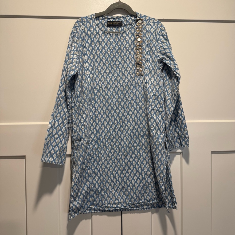 Rishyana Habdcrafted Kids Clothing Blue Patterned Kids Dress Size 8Y